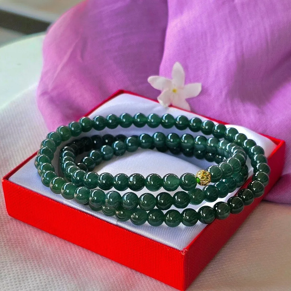 High Quality Jade Ocean Blue Jade Necklace Clear Texture 99% Round Beads 6.8 mm