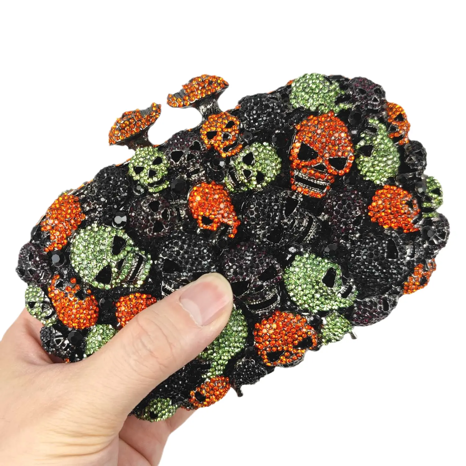 Boutique De FGG Halloween Orange \\ Black \\ Green Women Mini Skull Clutch borse da sera Party Cocktail Haloween Crystal borse Handbag