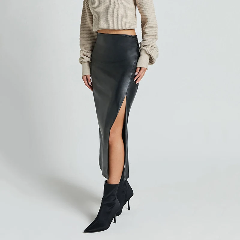 Faux Leather High Waist Split Skirts Women 2026 Fashion Solid Zippers Bodycon Skirt Woman Sexy Package Hip Pencil Skirt Ladies
