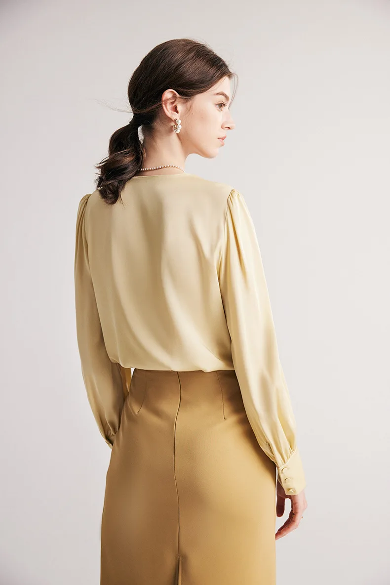 90% Silk 10% Spandex Women's Shirt O Neck Line Sleeves Pleated Elegant Fashion Blouse Tops