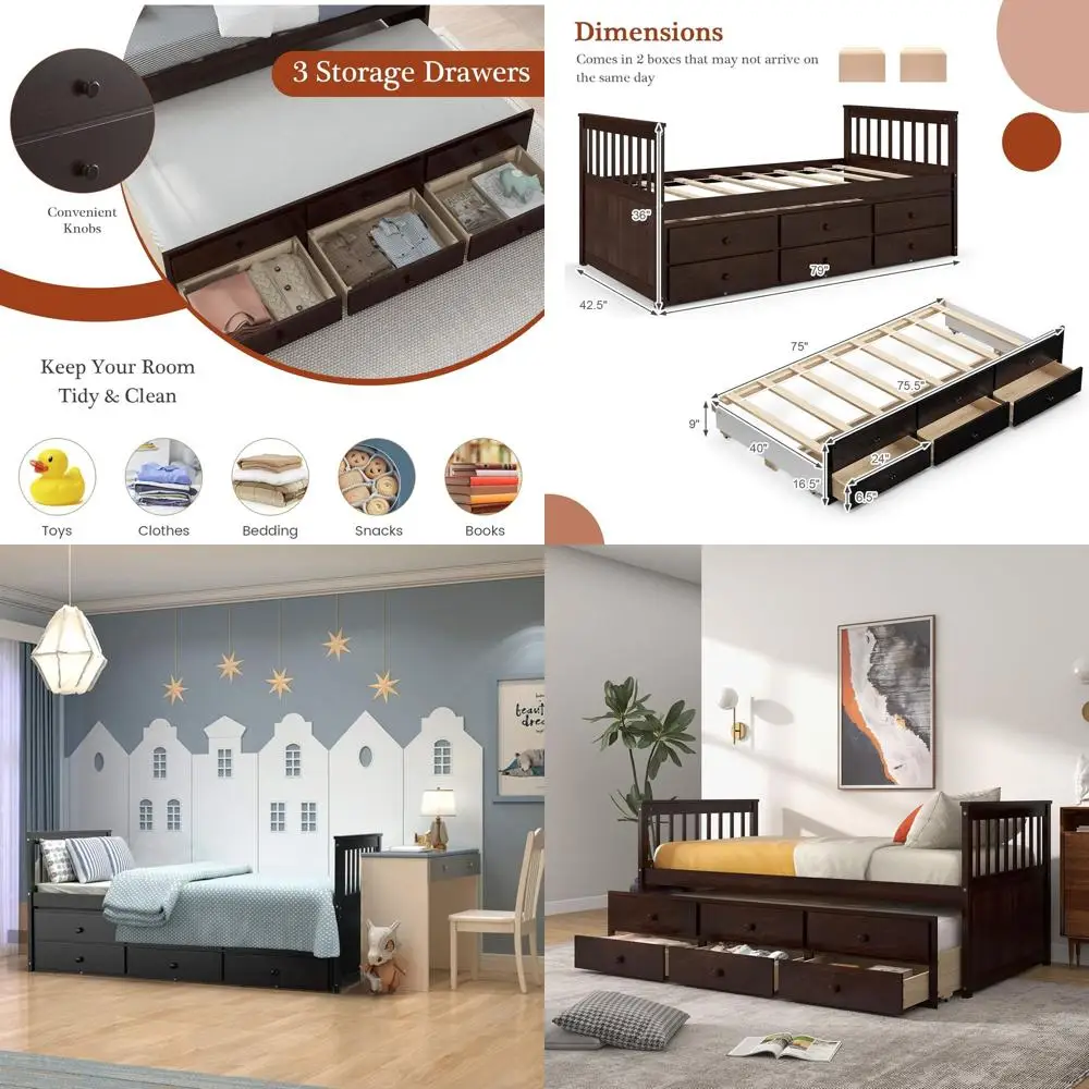 

Двуспальная кровать-трансформер Giantex с выдвижной кроватью, деревянная кушетка с 3 ящиками для хранения, двуспальная кровать-трансформер для детей, подростков, взрослых, гостей