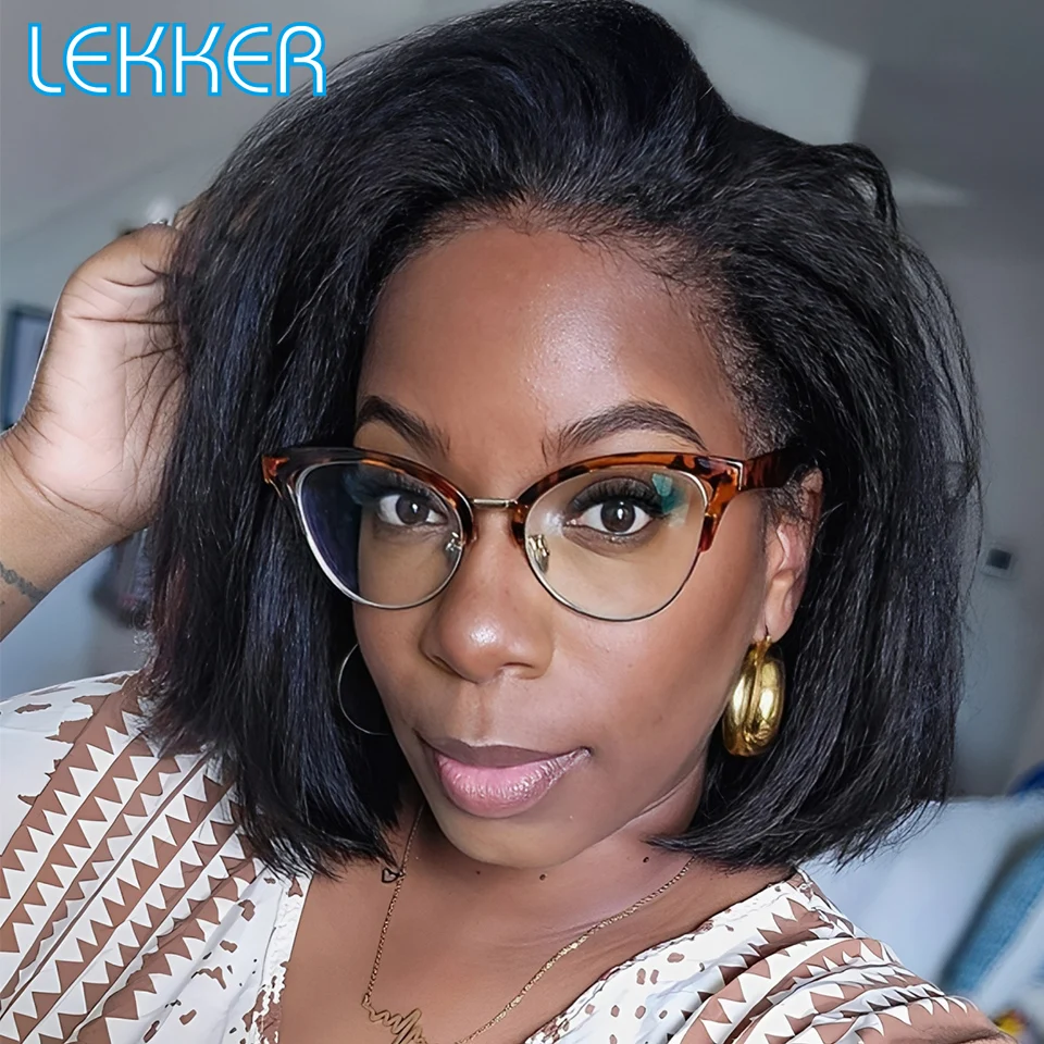 

Lekker Black 100% Human Hair Yaki Straight Wig Kinky Straight Bob Middle Part Lace Front For Women Brazilian Remy Hair Glueless