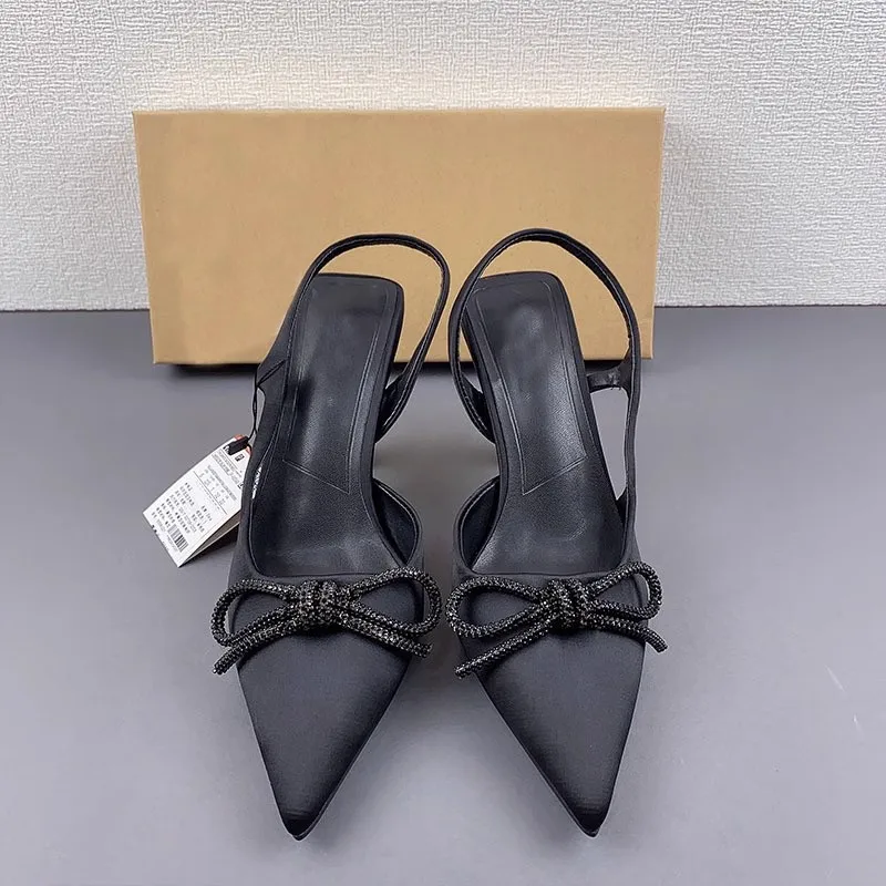 PSEEWE Black Bow Women Pumps 2024 Summer Fashion Slingback High Heels Women Sandals Elegant Office Lady Pointed Heed Shoes