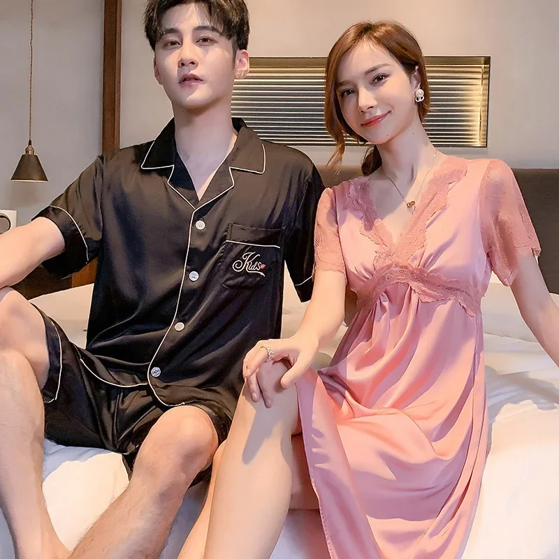 Couples Satin Silk Nightwear Plus Size Men\'s Short Sleep Sleeves Sleep Tops Shorts Pajamas Set Women Nightdress Home Clothes