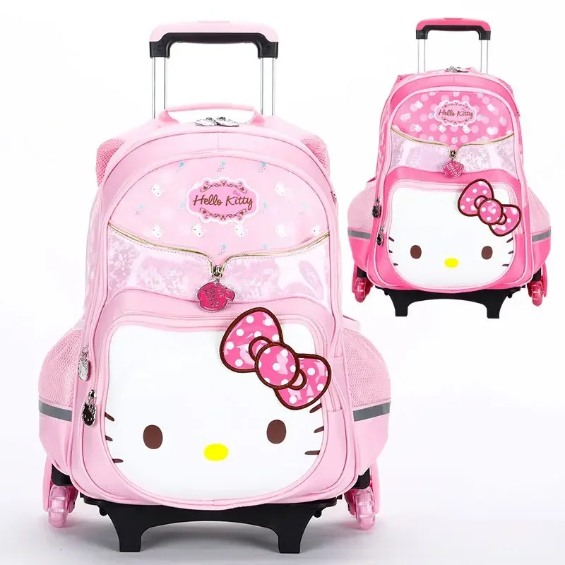 Miniso Hello Kitty  Children Pull Rod Backpack Student Trolley Schoolbag Climbing Stairs Girl Wheeled School Book Bag Pupil Gift