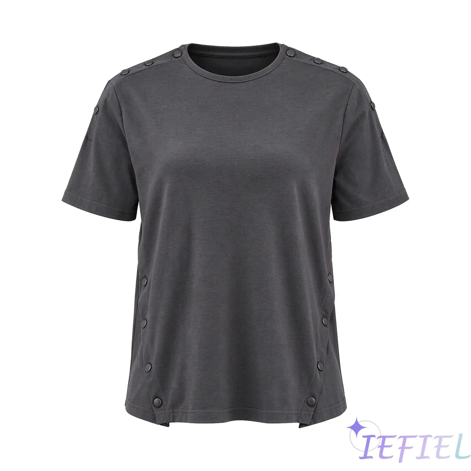 Womens Adaptive Recovery Shirt with Snap Buttons Shoulders Short Sleeve Round Neck Easy Wear Top for Post Surgery Elderly Daily