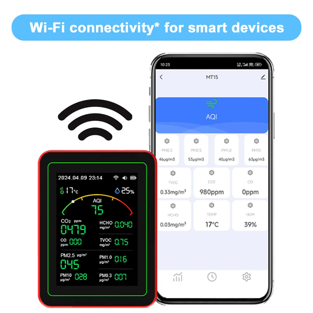 WiFi 15-in-1 portatile AQI PM0.3 PM1.0 PM2.5 PM10 Tester Display TFT Orologio multifunzionale Controllo APP Misuratore di umidità della temperatura