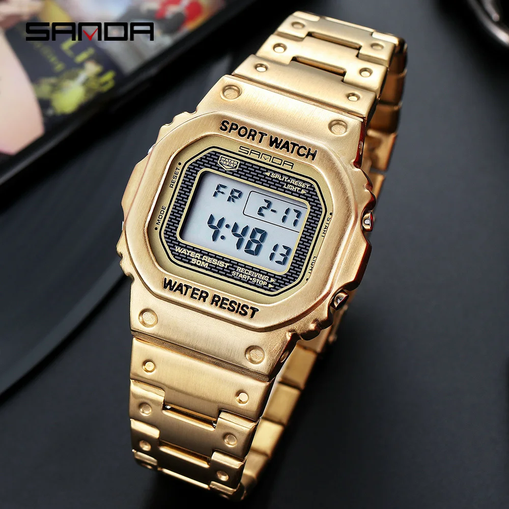 SANDA Top Brand Luxury Men\'s Watches LED Digital Watch sports Watch Men Casual Waterproof Wristwatch Steel Clock Мужские часы