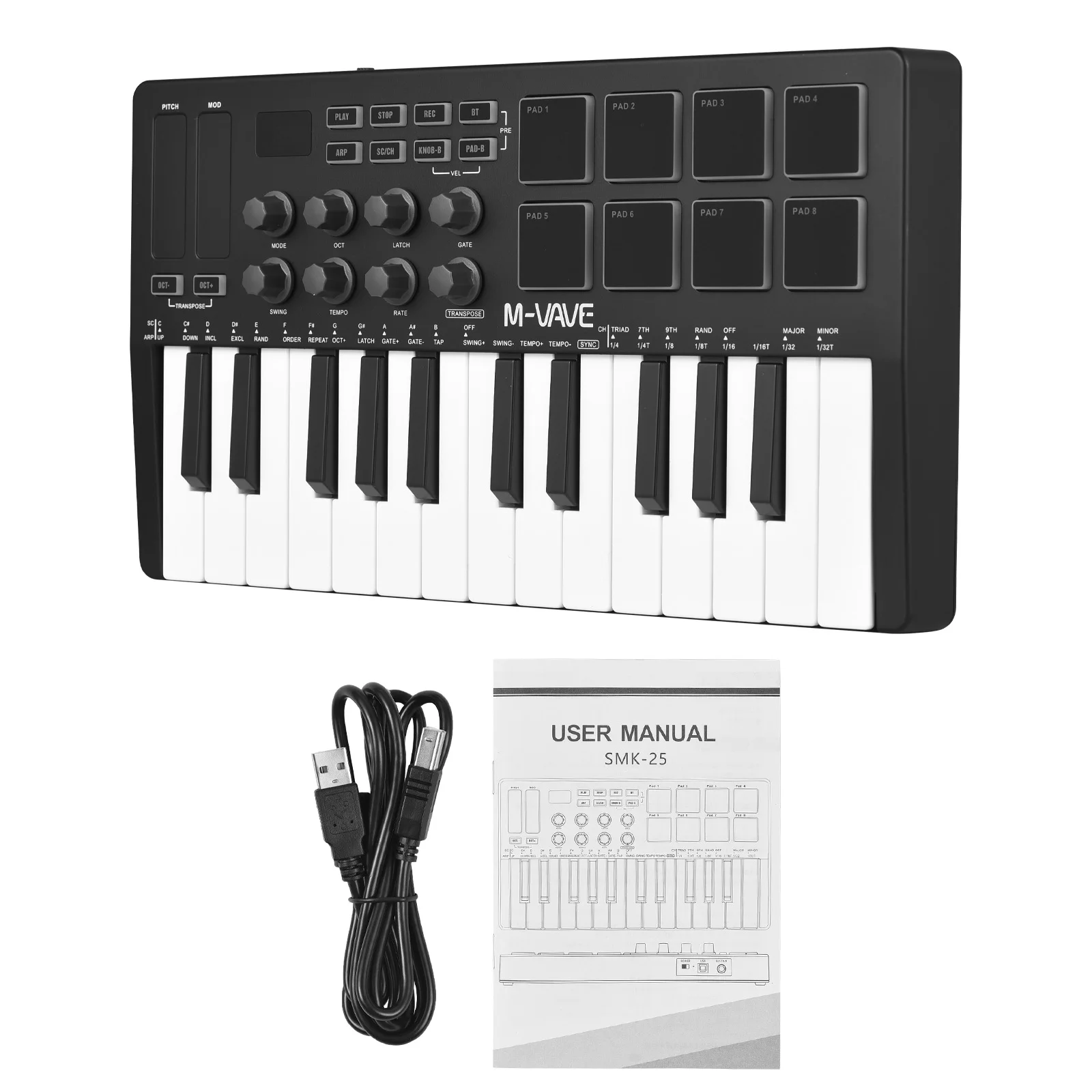 M-VAVE SMK-25 II MIDI Pad Controller Keyboard USB Mini 25 Key 16 RGB Drum Pads 8 Knobs and Music Production Software Included