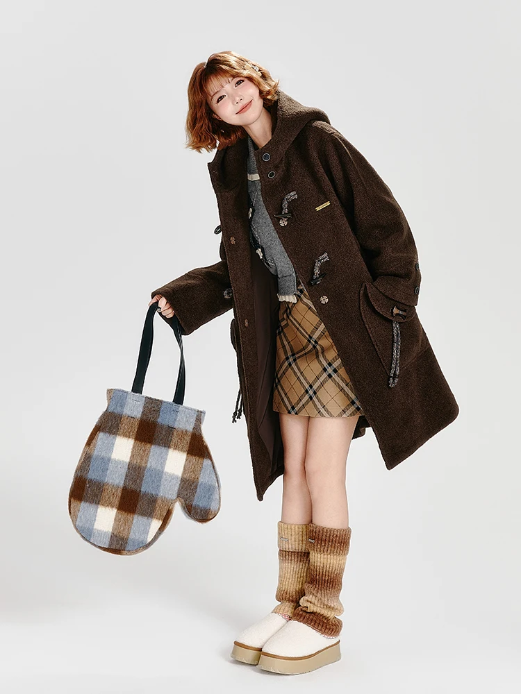 Zimní tlustý vlněný kabát, středně dlouhý, s kapucí, volný střih, teplý, ležérní svrchní oblečení, retro přepínací kabát, teplá dlouhá bunda - náhled 6