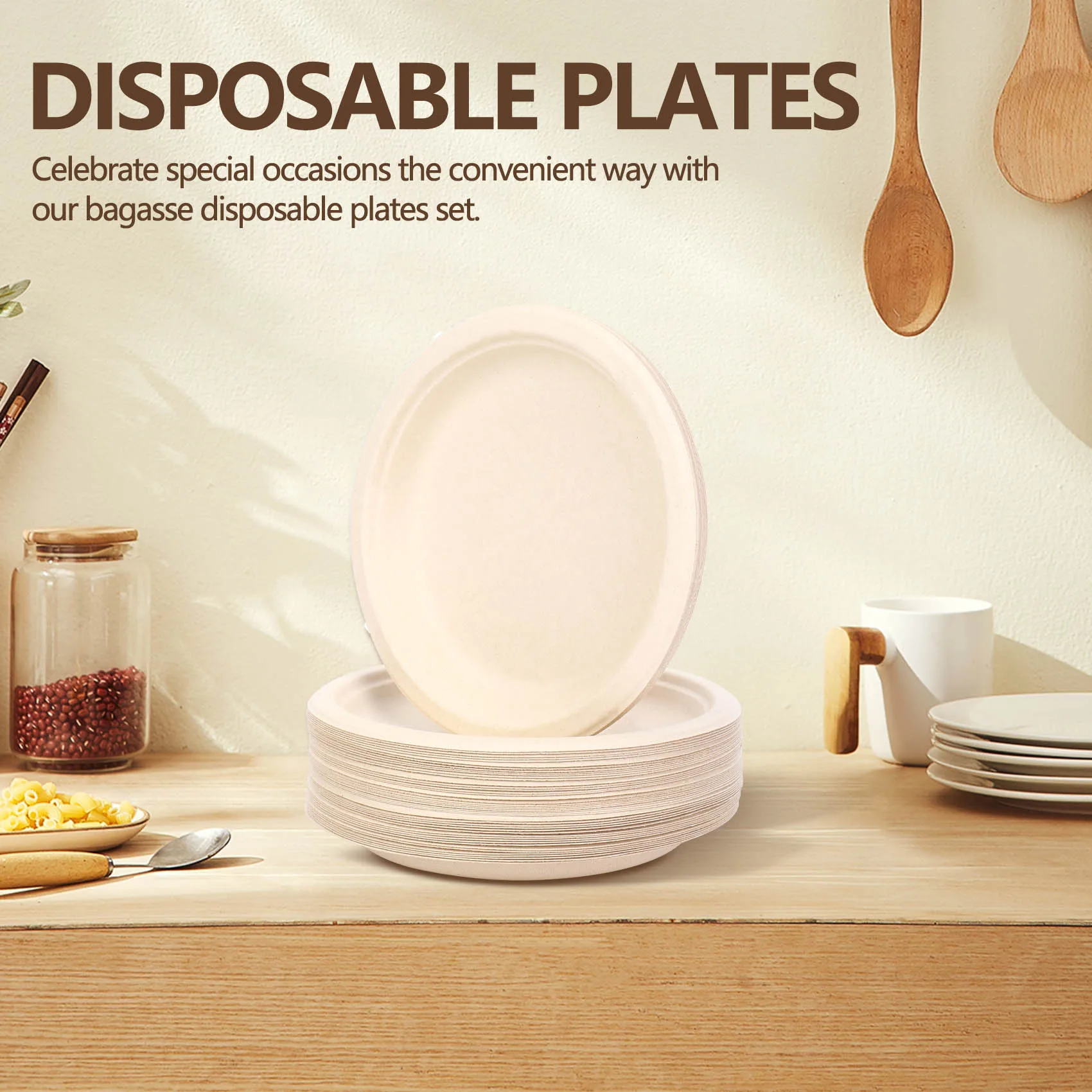 A60I 100 عبوة من ألواح الورق المستديرة القابلة للتحلل مقاس 7 بوصات، ألياف قصب السكر القابلة للتحلل البيولوجي