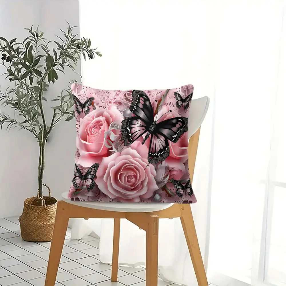 Butterfly Print Throw Pillow Aesthetic Floral Cushion Digital Printed Decorative Pillowcase for Sofa Bed Home Decor