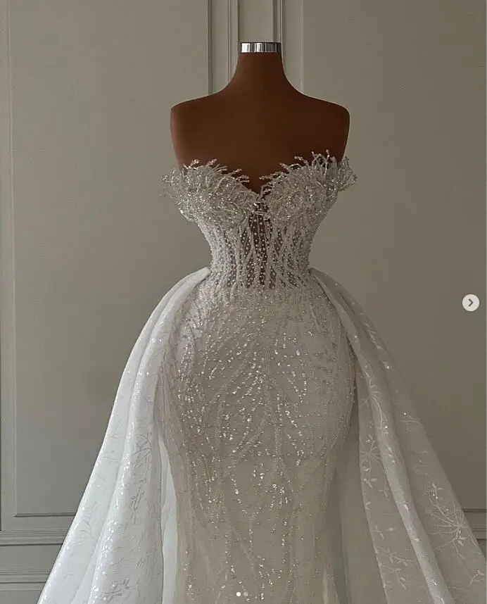 Gillter Crystal Sequins Mermaid Wedding Dresses with Detachable Train Sweetheart Corset custom Birdal Gown vestido desmontable