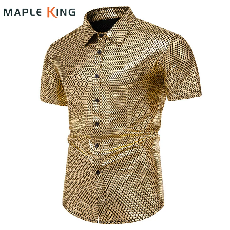 Gold Bronzing Metallic Shirts for Men Nightclub Dress Short Sleeve Stage Prom Steampunk Clothes Summer Mens Casual Chemise Homme