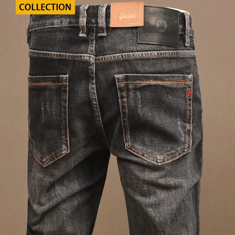 Newly Designer Fashion Men Jeans High Quality Retro Black Gray Stretch Slim Fit Ripped Jeans Men Vintage Designer Denim Pants