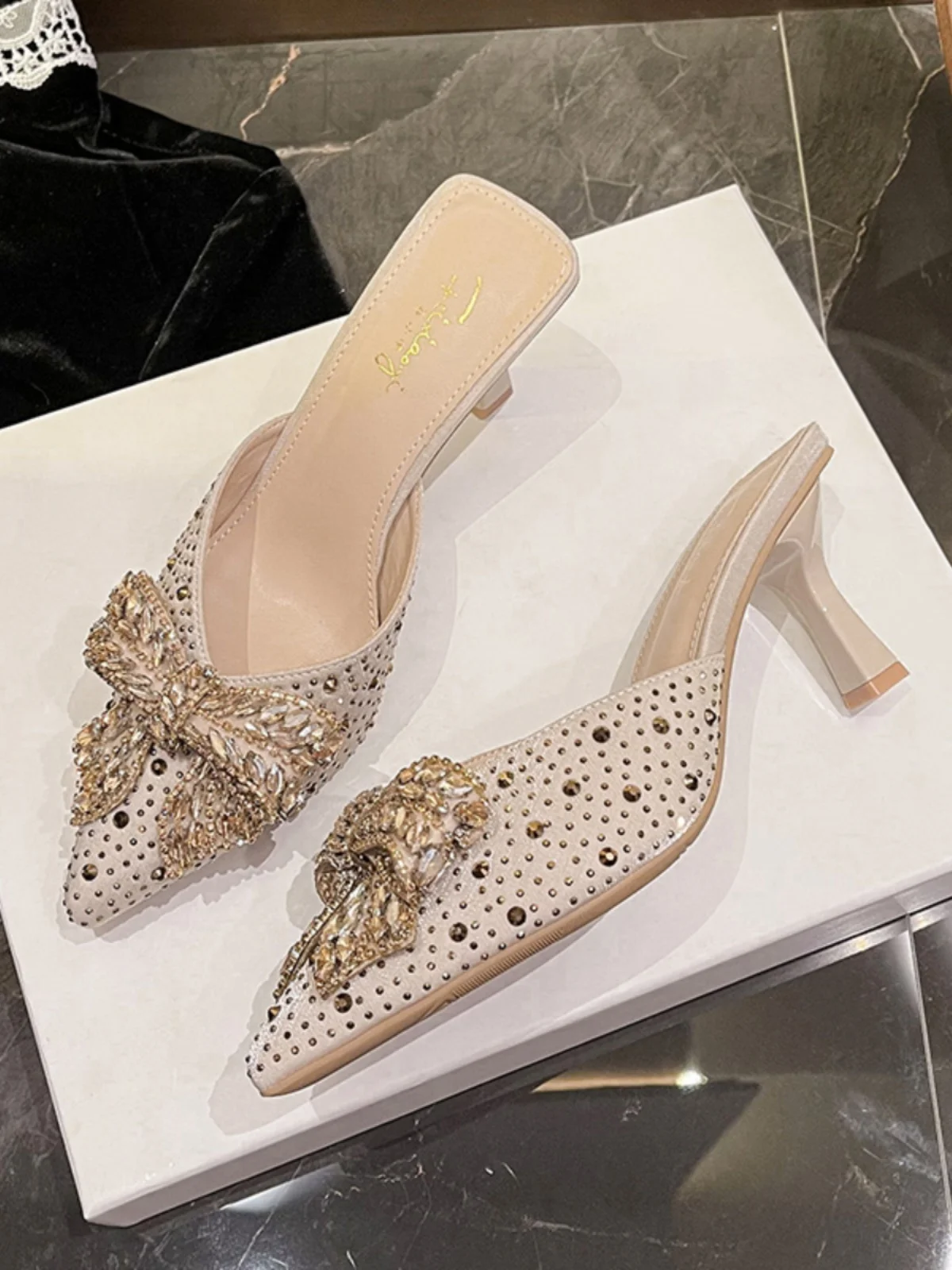 Women's Summer Outdoor Slip-On Shoes Pointed Toe High Heel Thin Heel Embroidered Rhinestone Elegant Embedded Single Shoes
