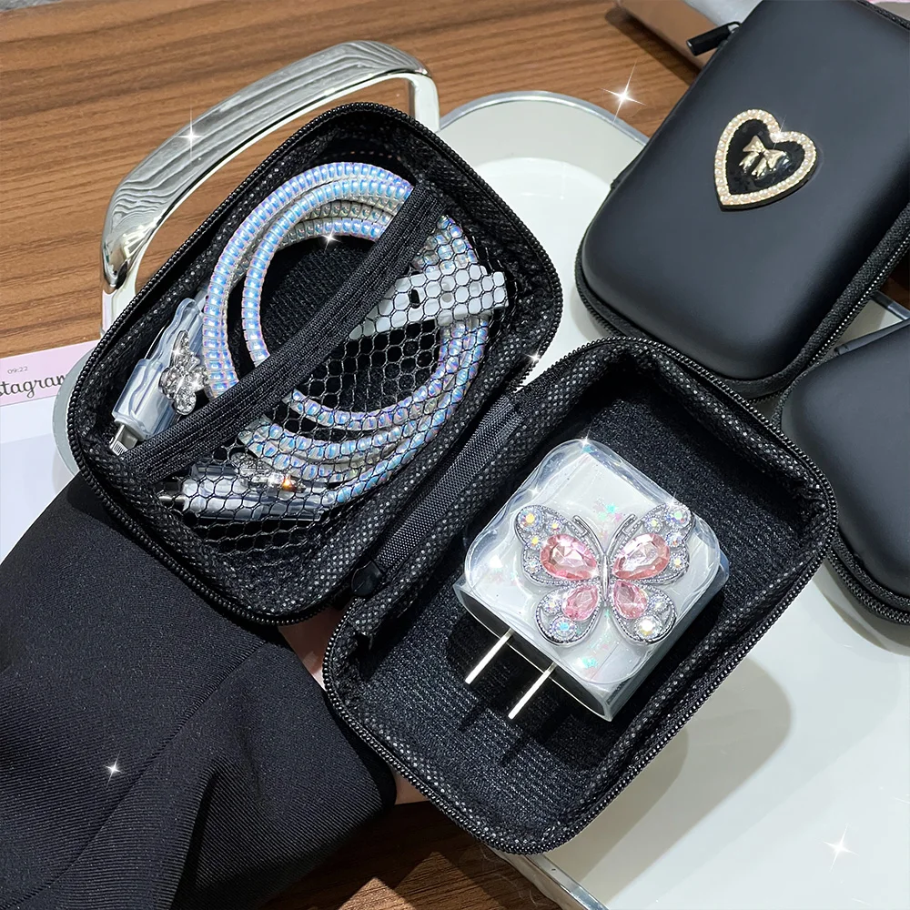 Nueva bolsa organizadora de viaje con lazo de corazón, organizadores de almacenamiento de cables, funda de transporte, bolsas de almacenamiento portátiles de doble capa, Cable