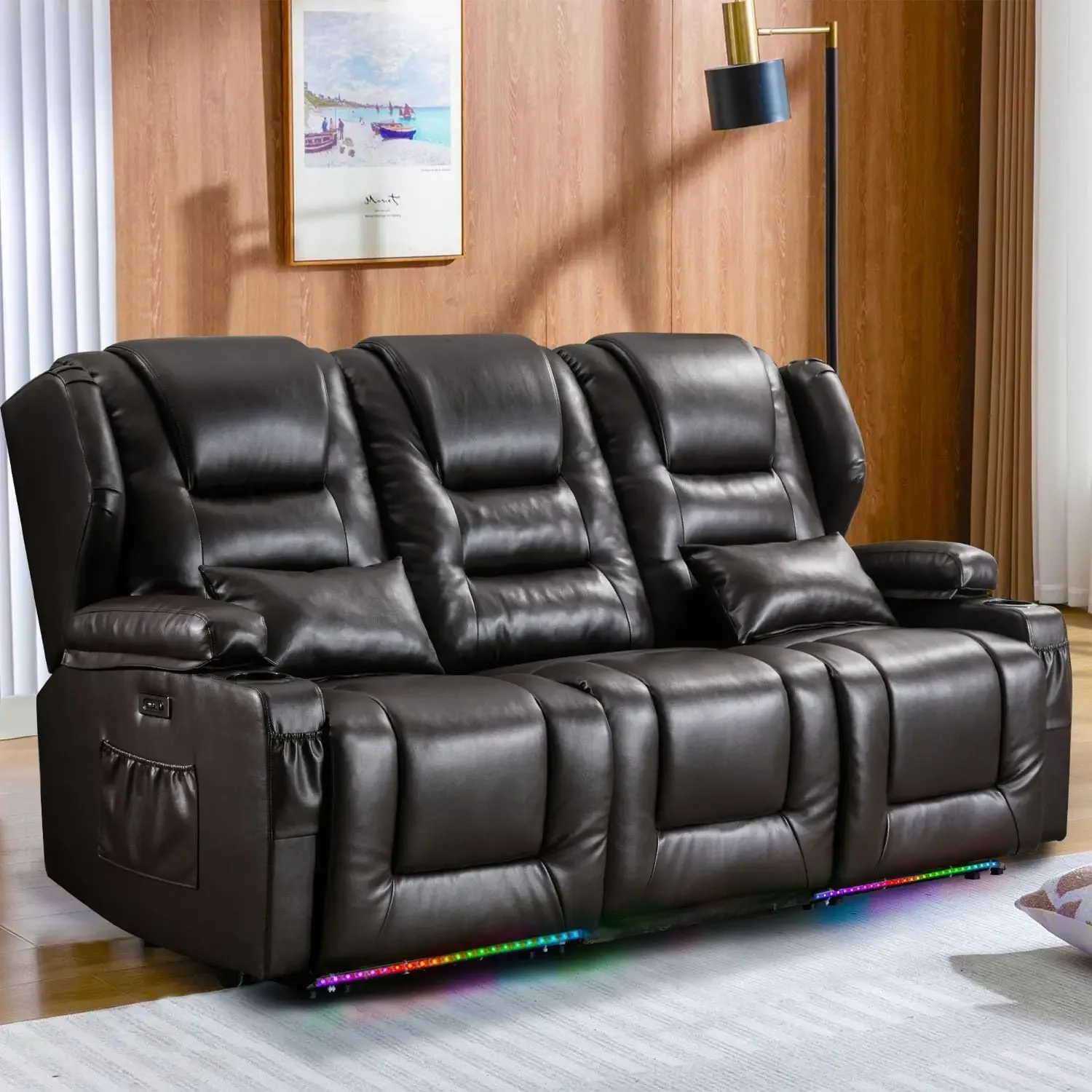 Recliner Chair 3-Seater Electric Reclining Sofa Couch RV Wall Hugger Recliner Sleeper Sofa Loveseat Home Theater Seating w/Conso