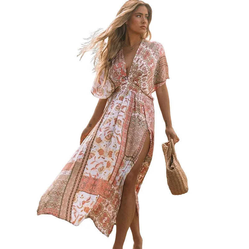 WeHello - Spring New Print Dress Women\'s Bohemian Irregular Print Beach Sunscreen Cover Up