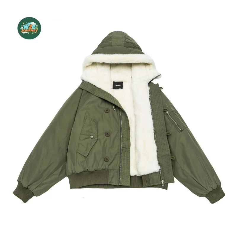 

W2EJOURNEY ЕС, США, размер, высококачественная однотонная теплая зимняя куртка с капюшоном из овечьей шерсти на подкладке из флиса