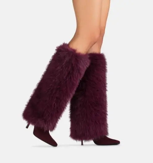 

Winter Women Purple Black Suede Fox Fur Square Toe Knee High Boots Winter Warming Plush Fur Thin Heels Long Boots Shoes Lady