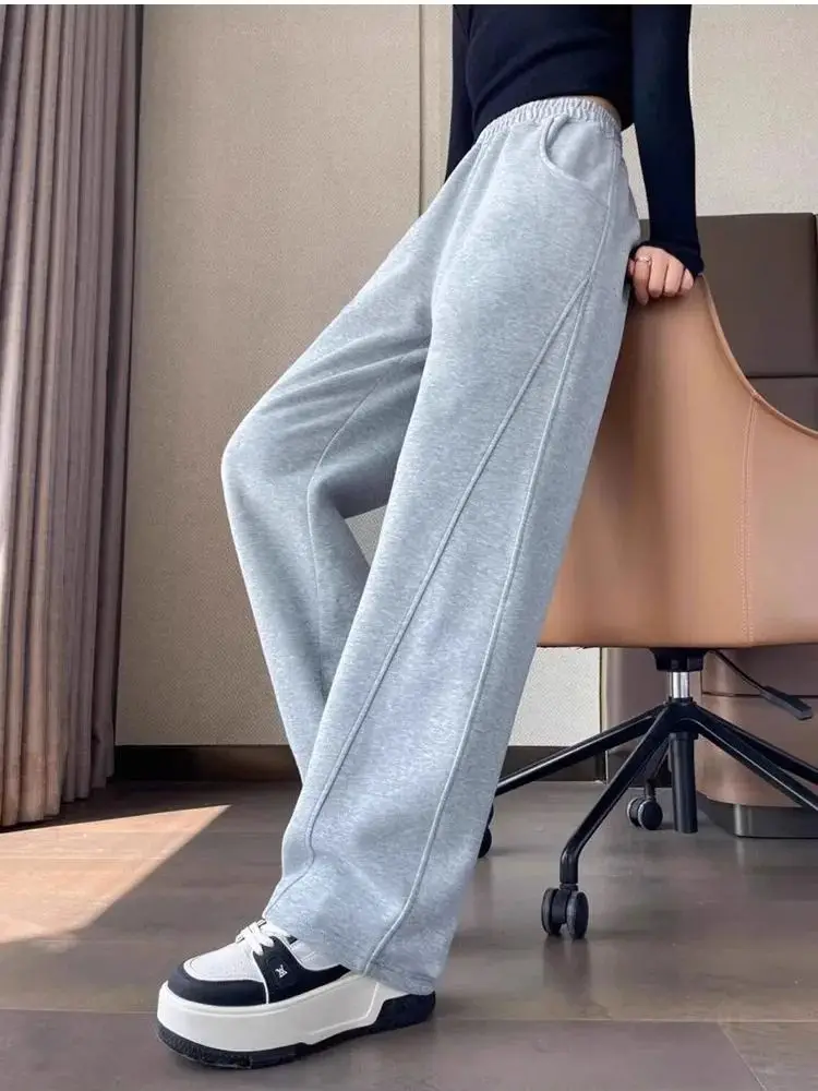 

Women's Wide-Leg Trousers for Autumn Winter High-Waisted Long Trousers Sports Fleece Sweatpants Thick, Soft and Versatile