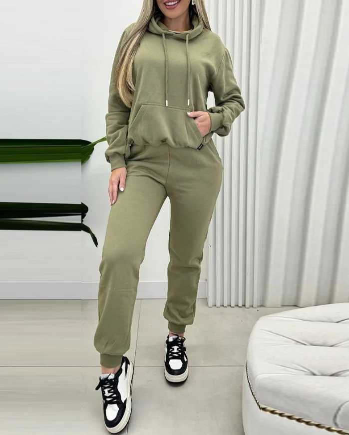 Women's long sleeved 2024 summer new pocket design hooded sweatshirt and flared sweatpants set