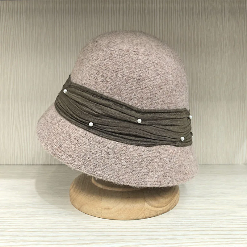 wool winter hat warm bucket hat with Pearls Band trim LM20240372