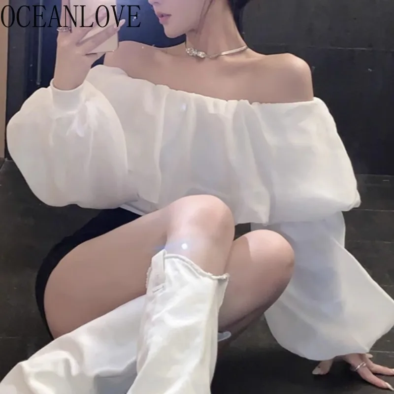 

OCEANLOVE Puff Sleeve Shirts&blouses Women Tops Slash Neck Spring Autumn Solid Blusas Muejr Chiffon Korean Fashion Camisas
