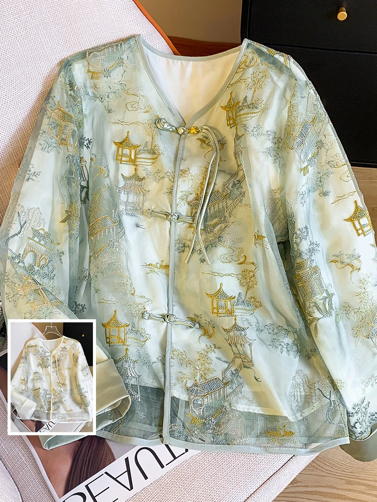 

Новая китайская женская удлиненная куртка из органзы с вышивкой, тонкая, двухслойная, на пуговицах, модная