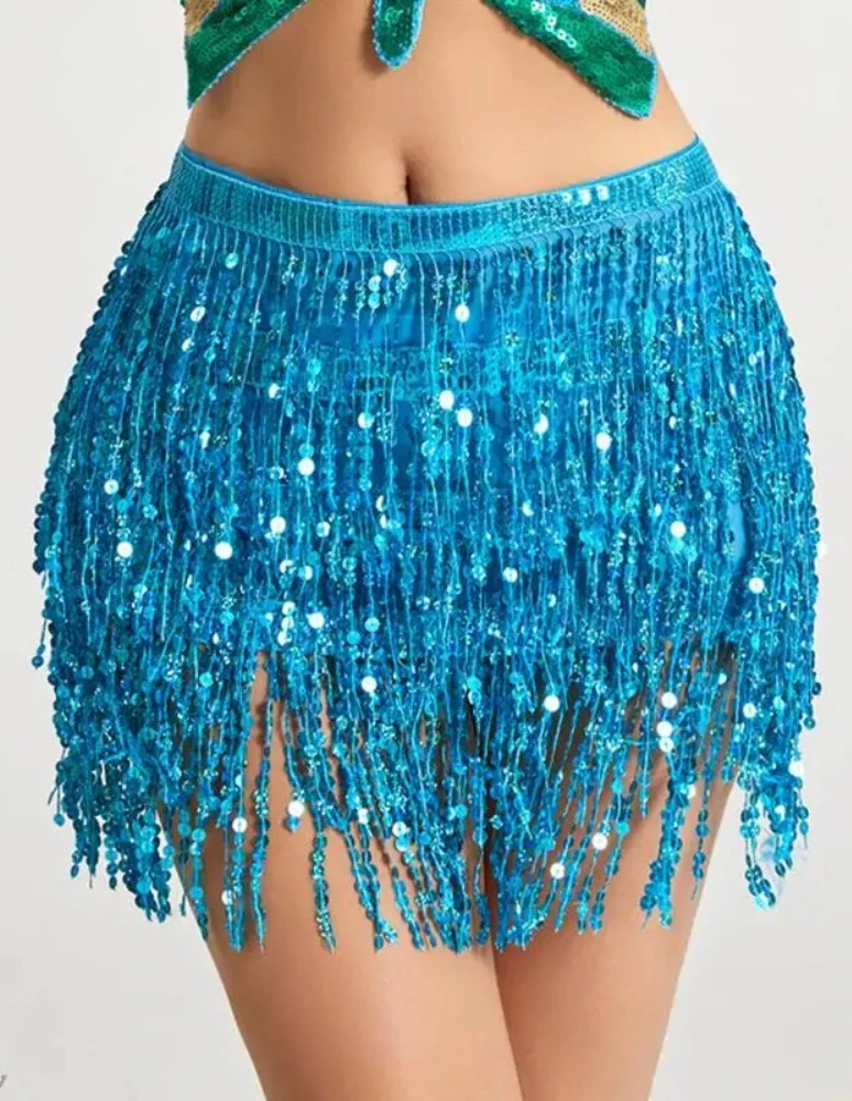 Damen Pailletten-Quasten-Bauchtanzrock Glänzende Perlen Taillenkette Saumrock Bohemian Taillenrock Gürtel – Detail 4