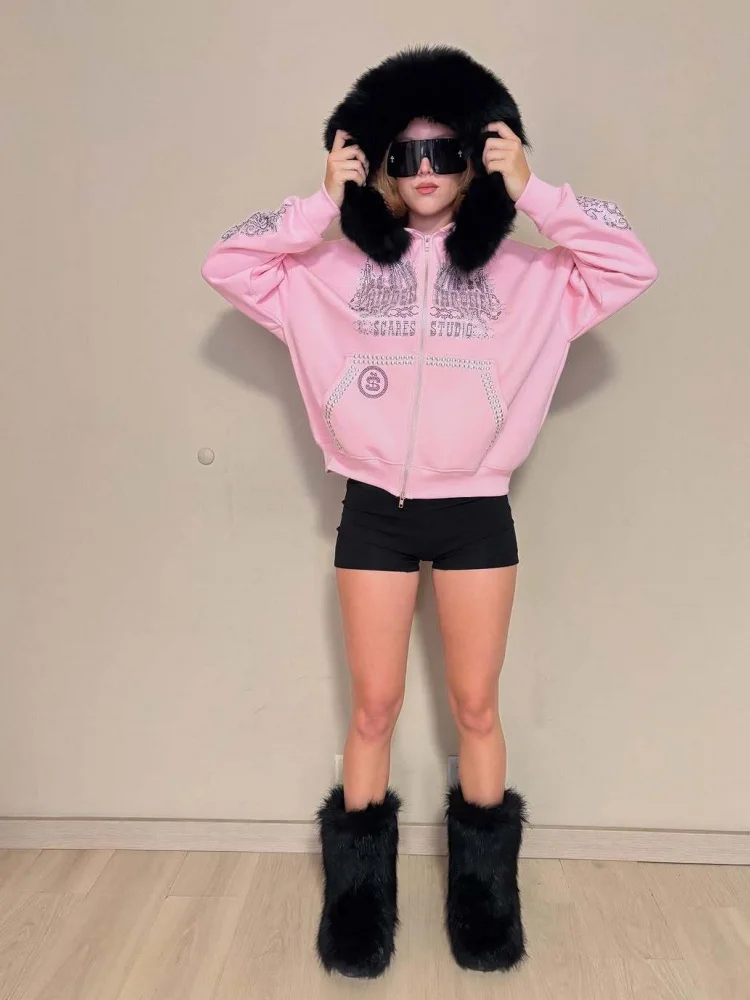 เสื้อฮู้ดซิปอเนกประสงค์ทรงหลวมพร้อมปกผ้าฟลีซ สไตล์อเมริกันเรโทร คาร์ดิแกนลำลอง อุ่นสบาย สตรีทแวร์สำหรับผู้หญิง