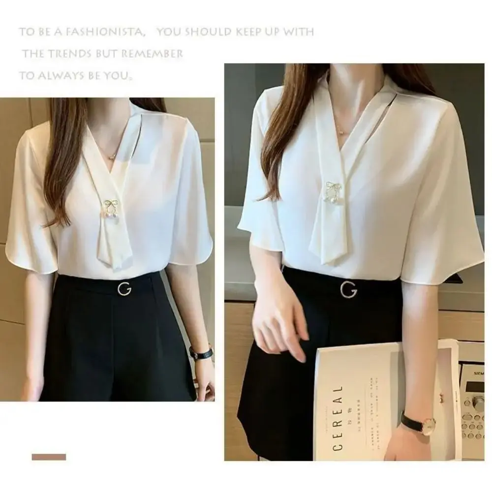 Blusa Elegante de Cor Sólida com Laço, Manga Longa Solta, Chiffon Profissional para Mulheres, Combina com Tudo, Primavera e Outono