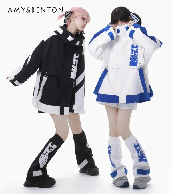 Autumn Winter Mine Harajuku Subculture Patchwork Oversized Outdoor Coat Shorts Two-piece Set Japanese Street Punk Outfits Women