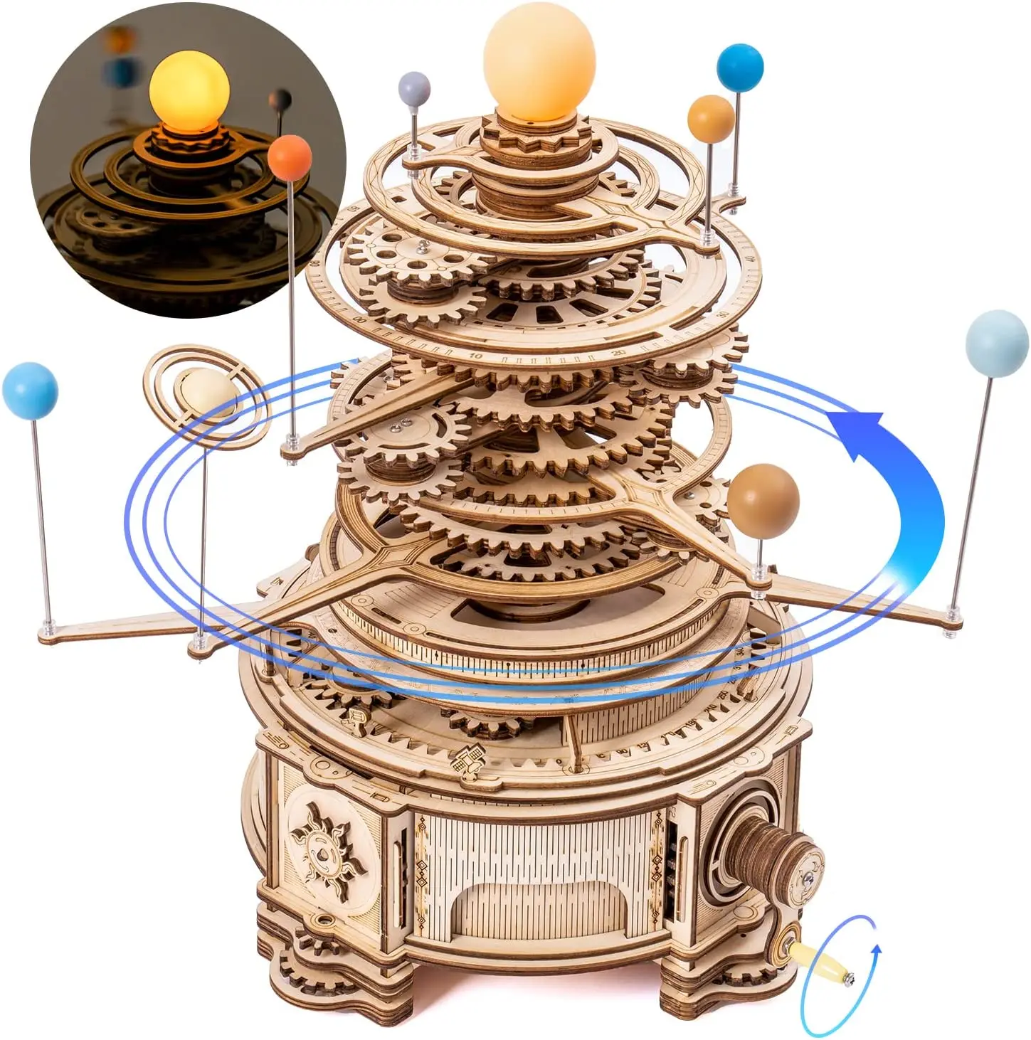 ROKR Wooden 3D Puzzle Toys - Mechanical Orrery ST001 Solar System Mechanical Planetarium Model Building Kit for Home Decor Rotatable Planets & Light-Up Sun Adult DIY Craft Kit Holiday Gift Choice