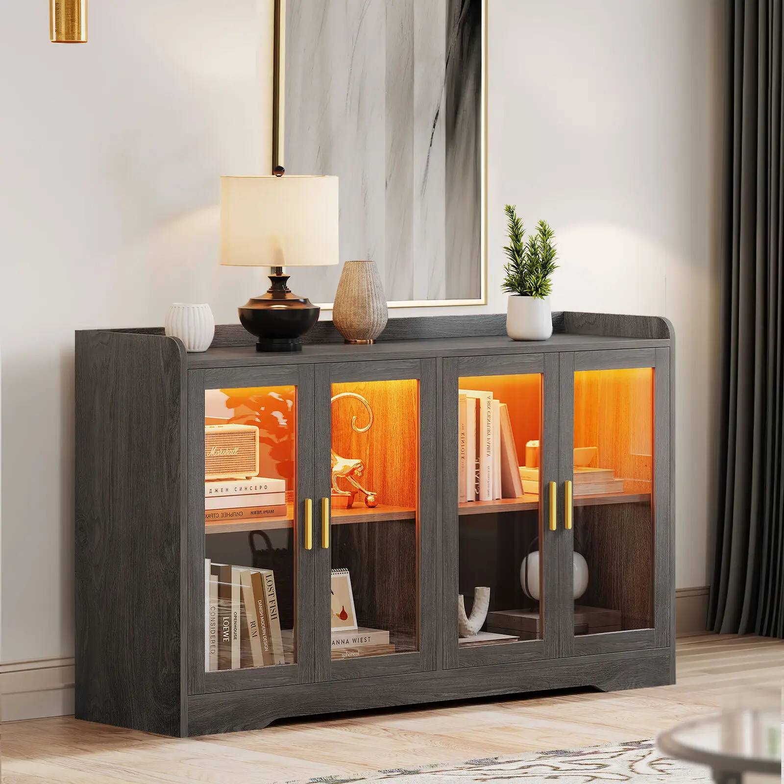 

55" Sideboard Storage Coffee Bar Cabinet w/ LED Light Kitchen Buffet