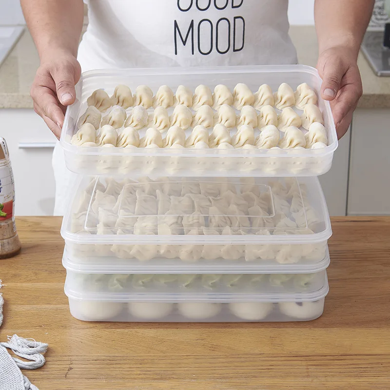 Caja de dumplings de congelación rápida multicapa, almacenamiento de preservación de refrigerador, caja de Wonton sin dividir con bandeja de tapa