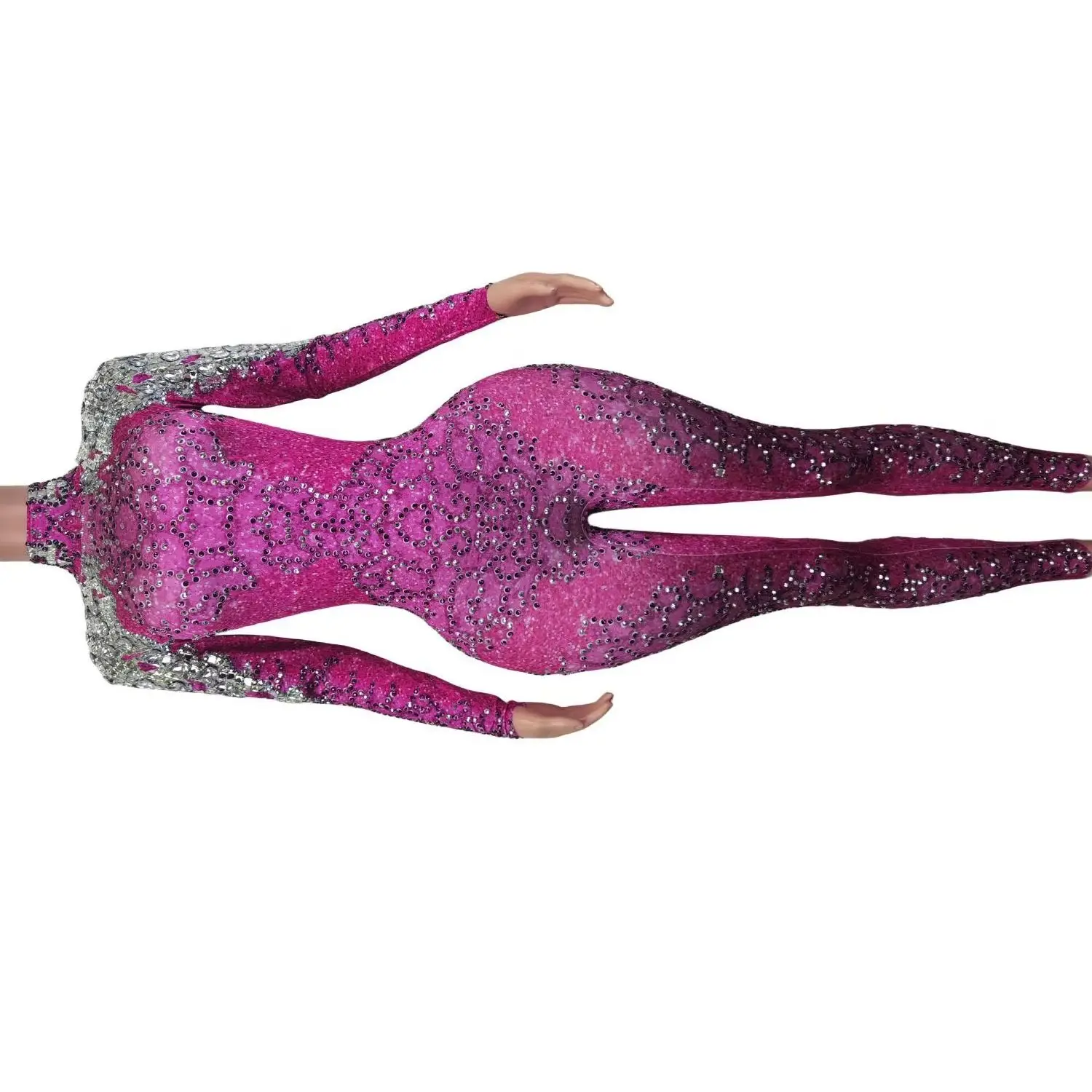 

Shining Rhinestone Performance Costumes Party Prom Bodycon Jumpsuits Sexy Pink High Necked and Backless One Piece Bodysuit