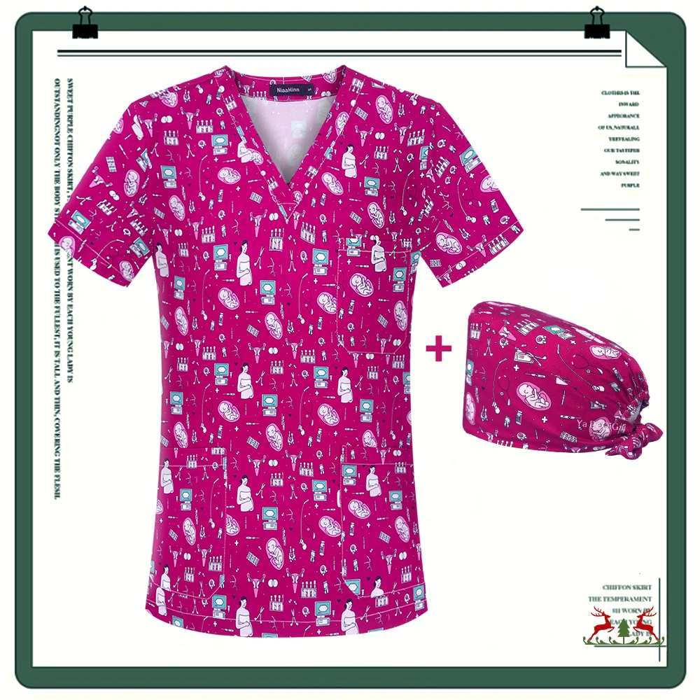 Uniforme de enfermera para enfermería, Top de pantalones médicos, Blusa estampada de manga corta, ropa de trabajo con bolsillos, ropa de trabajo para sala de operaciones