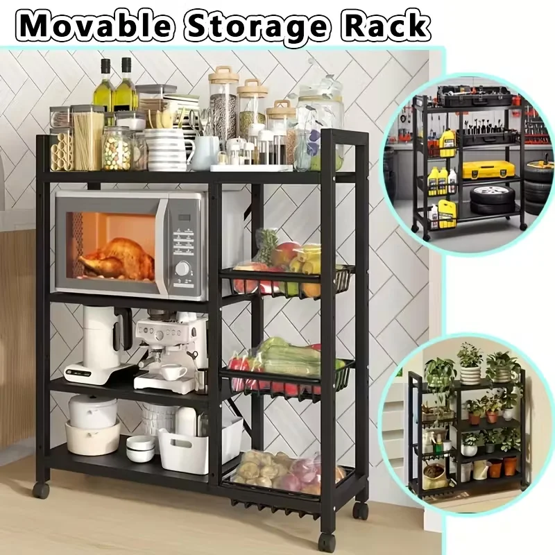 Étagère de rangement mobile robuste à 4 niveaux réglable avec 3 paniers en fil métallique, idéale pour garage, garde-manger, salle de bain