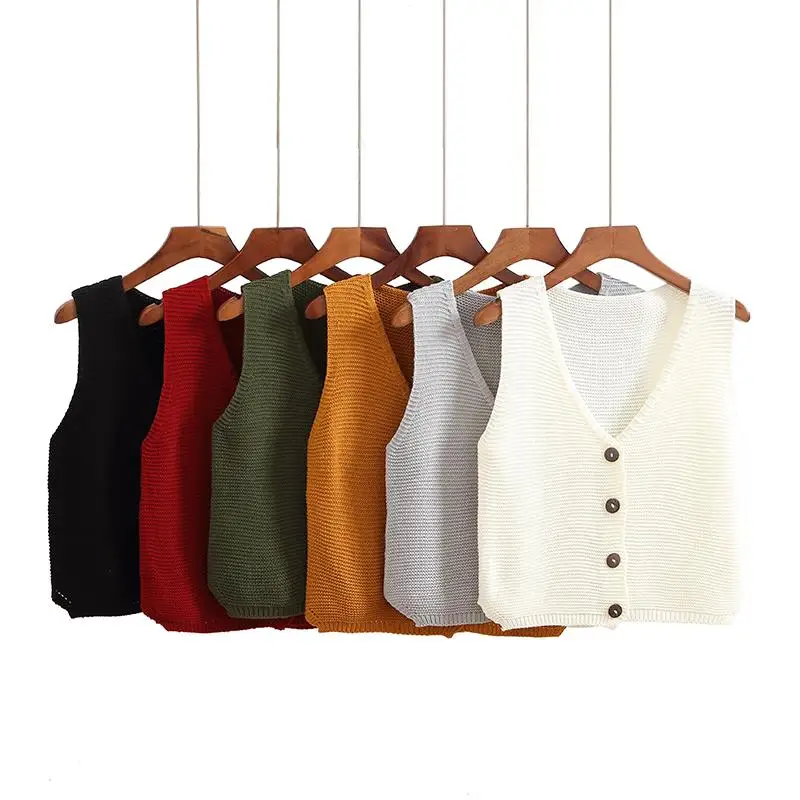 

2024 Retro Streetwear Top Clothing Womens Sweater Vest Women Single Breasted Button Sleeveless V-neck Knitting Korea Solid Short