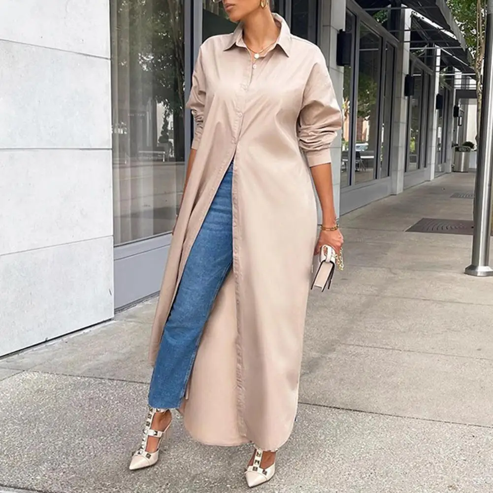 Long Coat Turn Down Collar Long Sleeve Single Breasted Hem Shirt Coat Autumn Winter Shirt Long Dress Female Clothing