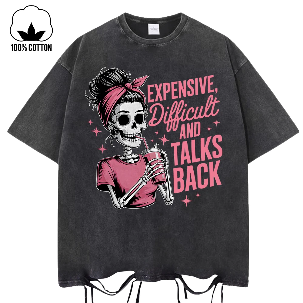 เสื้อยืดผู้หญิงลายหัวกะโหลกพิมพ์สีชมพู แบรนด์ Expensive Talks Back ทรงหลวม คอโอ ผ้าฝ้าย สไตล์สตรีทแวร์ สำหรับฤดูร้อน