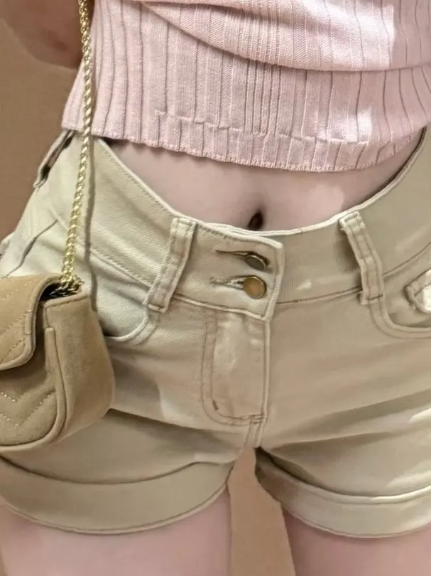American Hot Girl High Waist Khaki Denim Shorts Women's Summer New Double Buckle Design Slimming Butt Covering Hot Pants