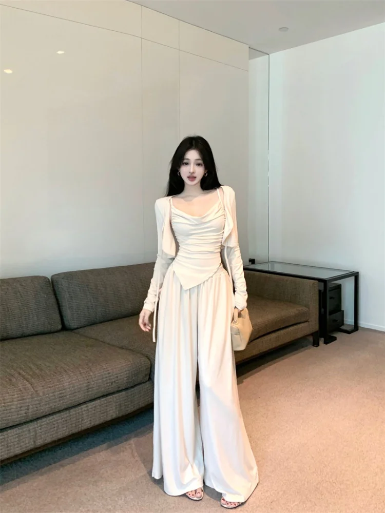 

Casual Summer Tee-Piece Set Women's Long Sve Wrap Cardigan High Waist Floor-Length Pants Slimming Ele Sle