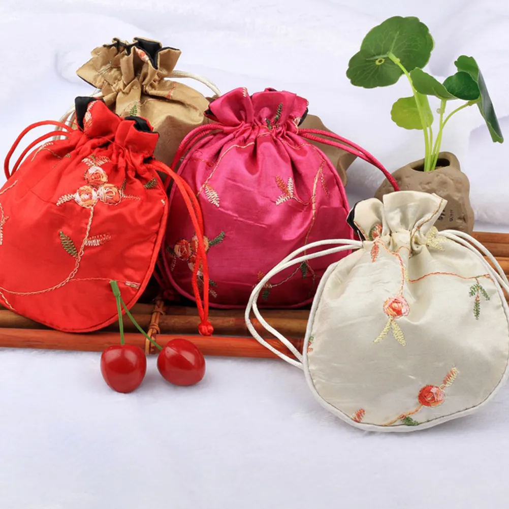 

6Pcs Buddhist Prayer Beads Pouches Chinese Vintage Embroidered Drawstring Jewelry Storage Bags for Wedding Gift Packaging Mixed