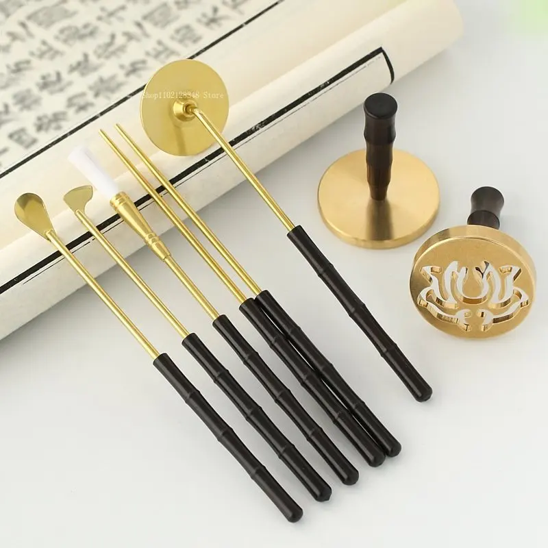 Ebony Handle Pure Copper Incense Seal Incense Tool Set DIY Household Indoor Incense Seal Extension Incense Ash Press Tools