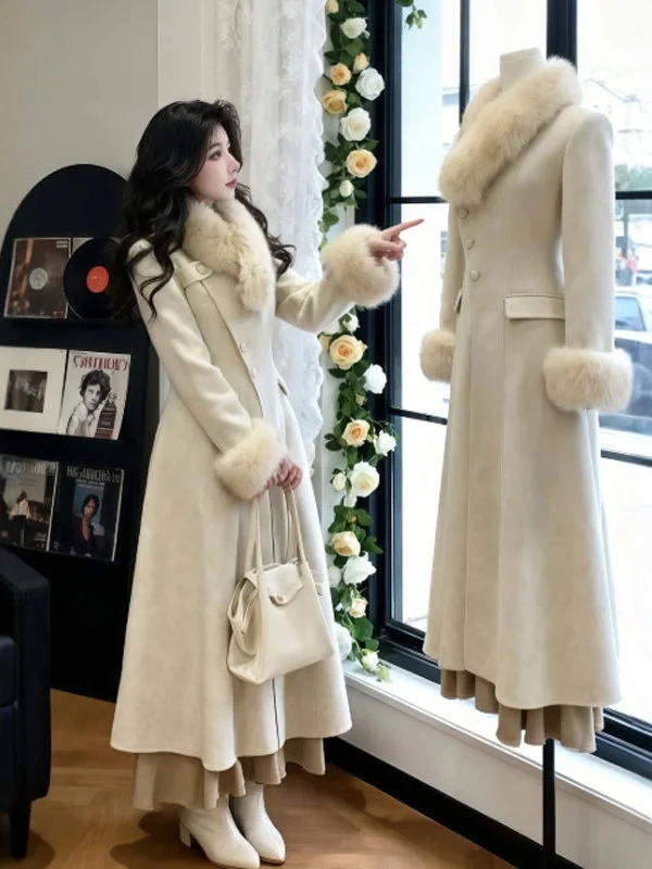 

Ele Mid-Length Woolen Coat with Waist-Cinching Fur Collar Korean Sle Long Sve Button Detail Pure Color Winter Outerwear