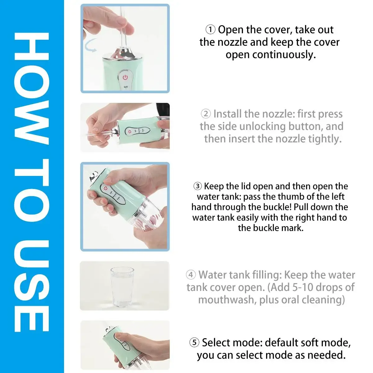 مرواء فموي قابل لإعادة الشحن بمنفذ USB ، تنظيف أسنان محمول ، خيط تنظيف مائي نفاث ، بيك ، 4 أطراف نفاثة ، من من 3 أوضاع ، IPX7 ، IPX7 ، دورة في الدقيقة