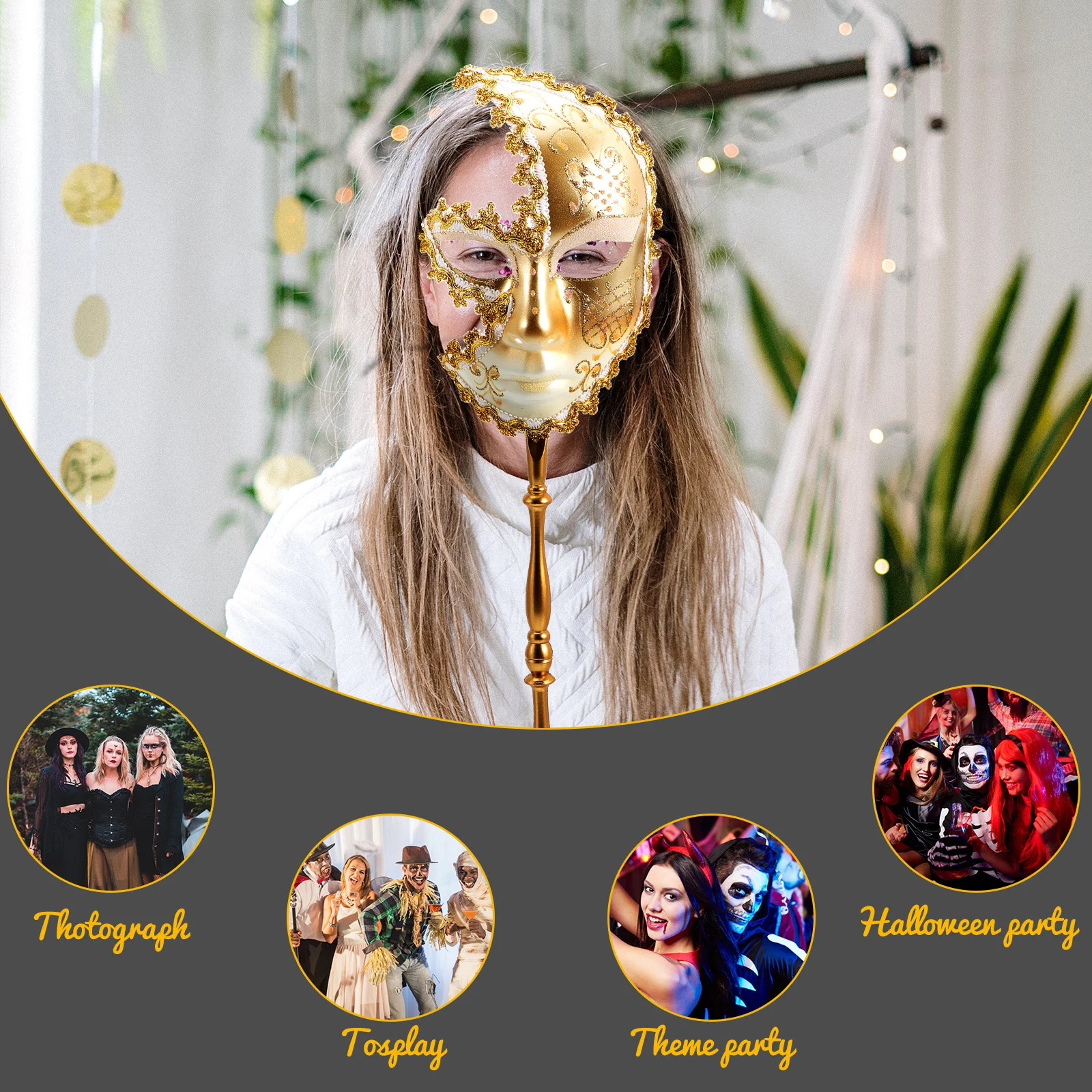 

Halloween Half Face Mask Party Supplies Dance Plastic Venetian with Stick